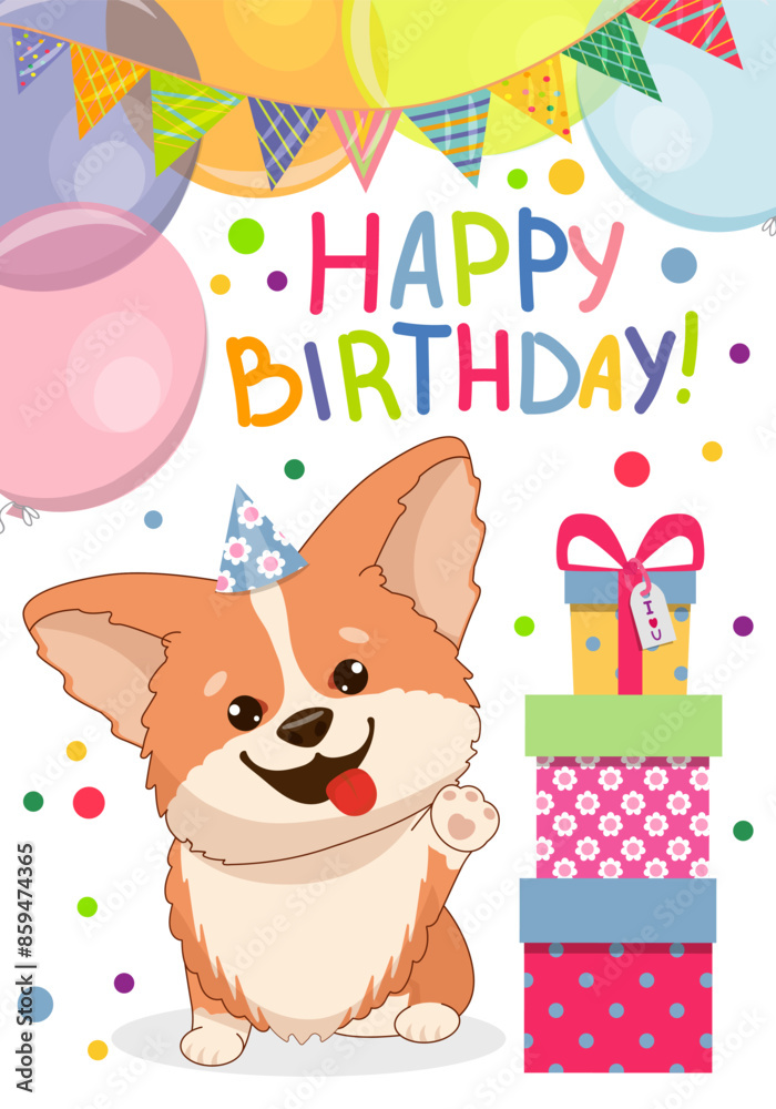 Funny happy birthday card with a cute corgi in a cap. Inflatable balls and garlands, gifts. Vector card, poster with cute corgi, print for factory textile. Funny happy birthday card with a cute corgi in a cap. Inflatable balls and garlands, gifts. Vector card, poster with cute corgi, print for factory textile.