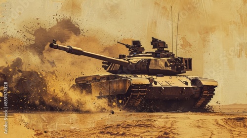 A vintage-style poster featuring an Military tank M1 Abrams in an urban combat setting The text emphasizes the tanks adaptability