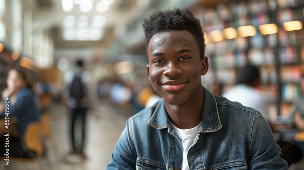 Fototapeta premium Smiling African American Young Man in Denim Jacket at Library