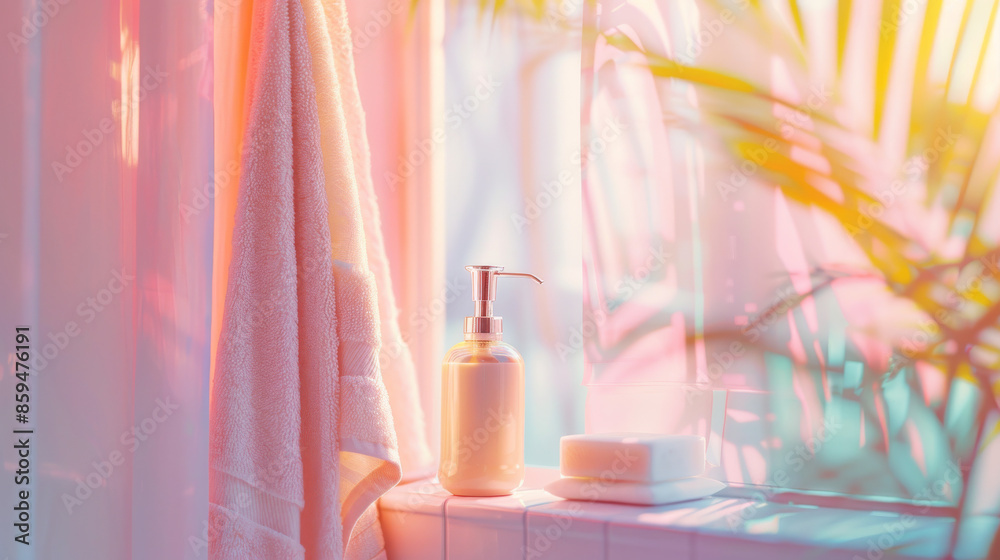 A bathroom window has a soap dispenser and a spa towel hanging from it. The window is surrounded by pastel colors. A bathroom window has a soap dispenser and a spa towel hanging from it. The window is surrounded by pastel colors.