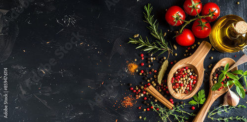  Top view of cooking ingredients and spices for food photography or design. On a black table with an oil bottle, tomatoes, and herbs in a wooden spoon.. AI Generated