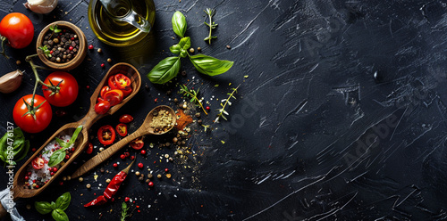  Top view of cooking ingredients and spices for food photography or design. On a black table with an oil bottle, tomatoes, and herbs in a wooden spoon.. AI Generated
