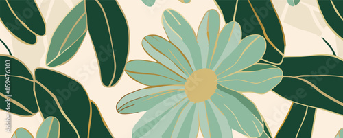 A  pattern with green daisies, their petals outlined in soft yellow lines, creating an abstract yet recognizable form, in the style of Impressionism meets Art Deco.