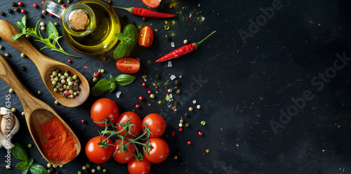  Top view of cooking ingredients and spices for food photography or design. On a black table with an oil bottle, tomatoes, and herbs in a wooden spoon.. AI Generated