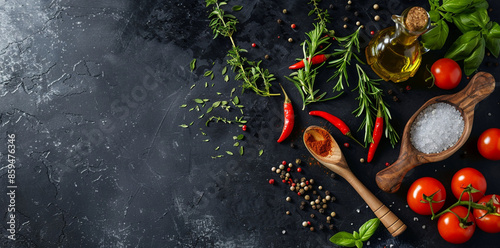  Top view of cooking ingredients and spices for food photography or design. On a black table with an oil bottle, tomatoes, and herbs in a wooden spoon.. AI Generated