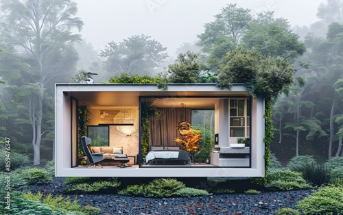 Modern tiny house with large windows in a lush forest setting, designed for sustainable living and blending seamlessly with nature.