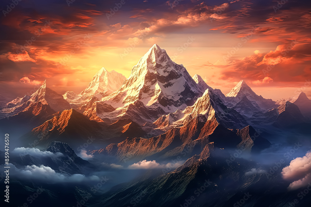 A mountain with a glowing peak in the distance. A mountain with a glowing peak in the distance.