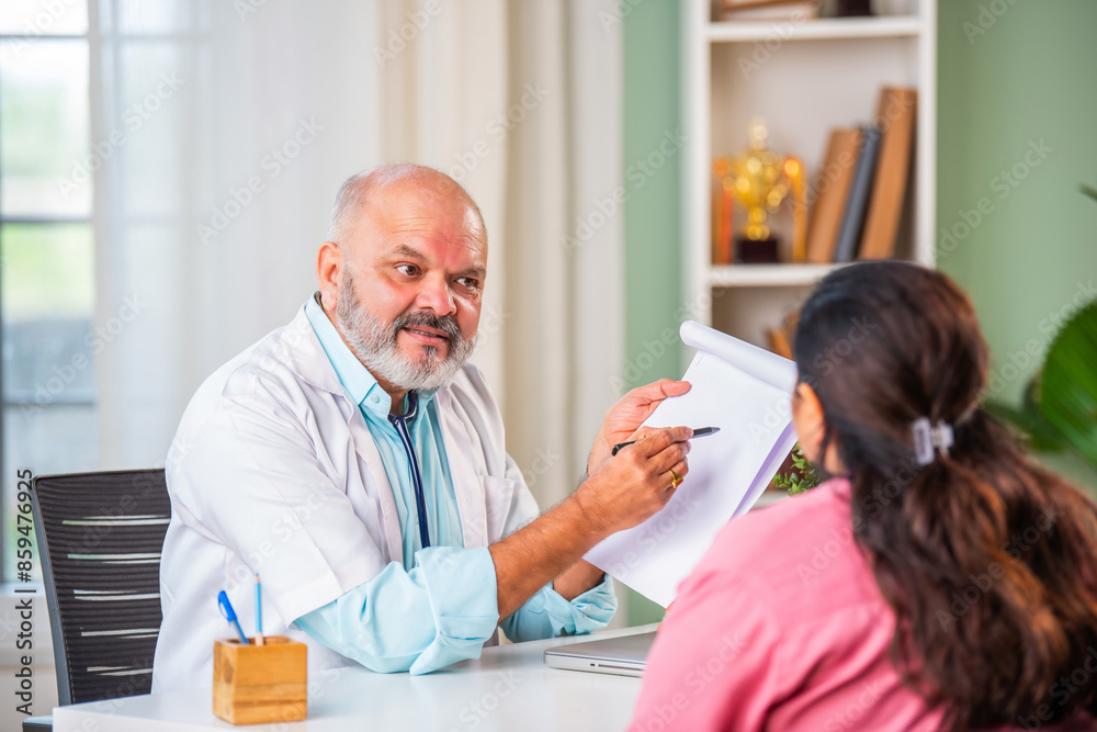 Obraz premium Indian asian young woman patient visits elderly, senior or old male doctor in clinic