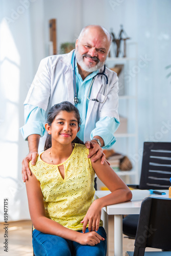 Photography Portrait of Happy Indian asian girl child patient with senior elderly old male d