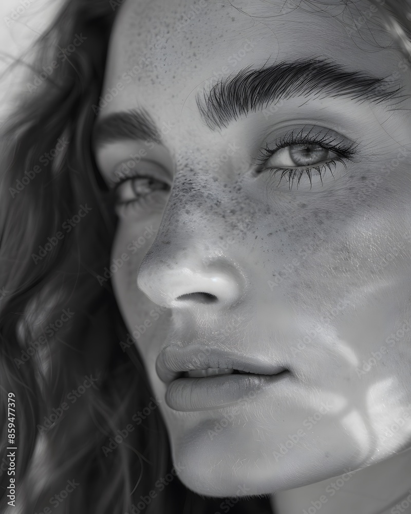 Fototapeta premium A black and white photo of a woman with freckled hair