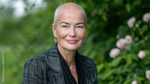 Smiling Woman Outdoor Portrait. Short blonde hair fashion model wears stylish clothes. Fashion trend of autumn or spring