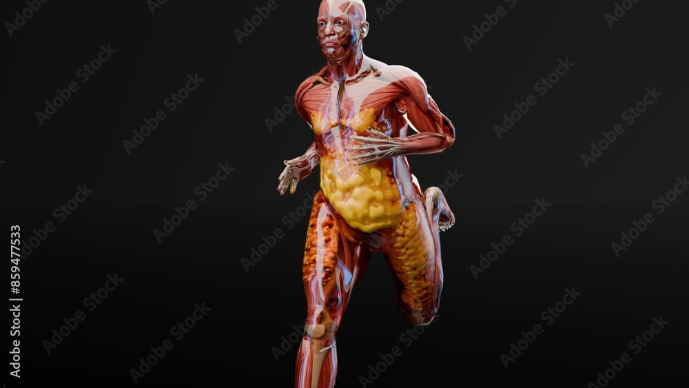 Weight loss Comparison. man body transformation. running jogging for losing weight, lose Fat belly, burning calories, weight loss process. sports training. fat burn, Obesity, human anatomy, 3d render
