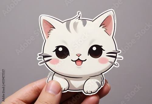 Cute Cartoon Cat Sticker in Hand photo