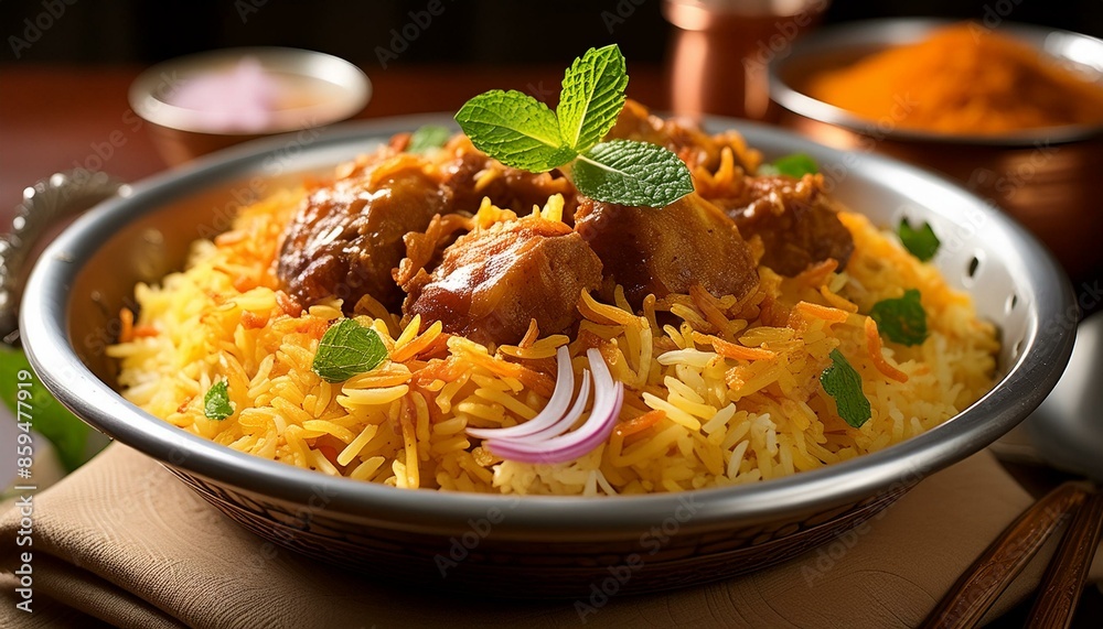 A closeup of Hyderabadi dum biryani, with layers of rice, marinated meat, and fragrant spices, garnished with mint leaves and fried onions. A closeup of Hyderabadi dum biryani, with layers of rice, marinated meat, and fragrant spices, garnished with mint leaves and fried onions.