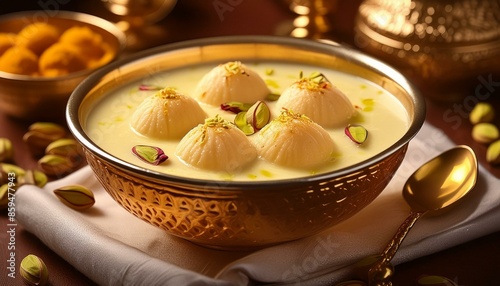 Closeup of a bowl of creamy rasmalai, with saffron-infused milk and soft cheese balls garnished with pistachios photo