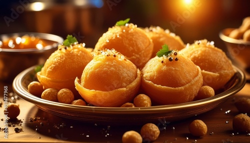 A closeup of a plate of pani puri, with crispy puris filled with spicy and tangy flavored water, potatoes, and chickpeas. photo