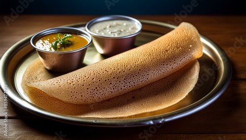 a traditional South Indian dosa with coconut chutney and sambar photo