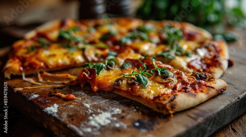 Pizza. Delicious Mushroom Pizza Isolated on a Background with Copy Space. Space for text. Cheese Pull. Mushroom pizza with addition mozzarella cheese and herbs. Pizza on a Background with copyspace.