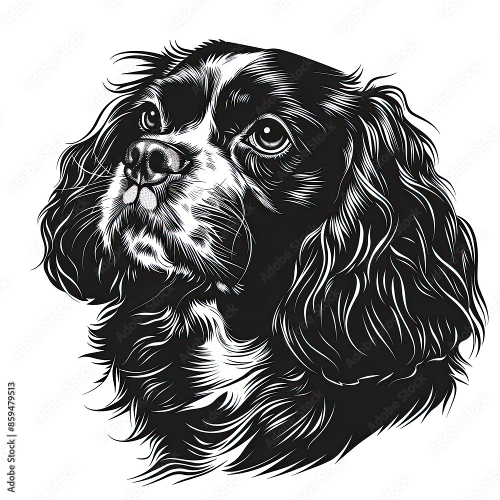 A black and white drawing of a Cavalier King Charles Spaniel dog A black and white drawing of a Cavalier King Charles Spaniel dog