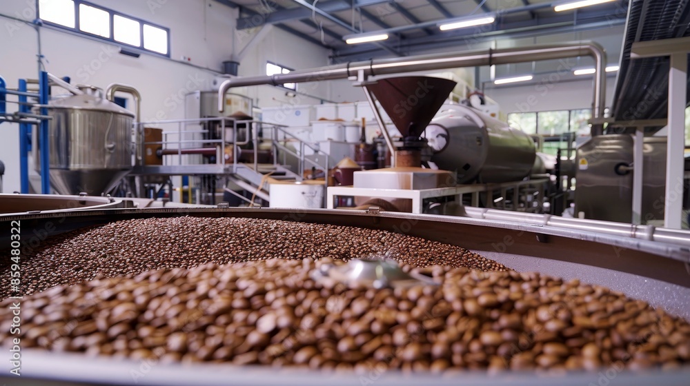 State-of-the-art and eco-friendly coffee roasting factory, clean environment, green energy use, high-tech machinery State-of-the-art and eco-friendly coffee roasting factory, clean environment, green energy use, high-tech machinery