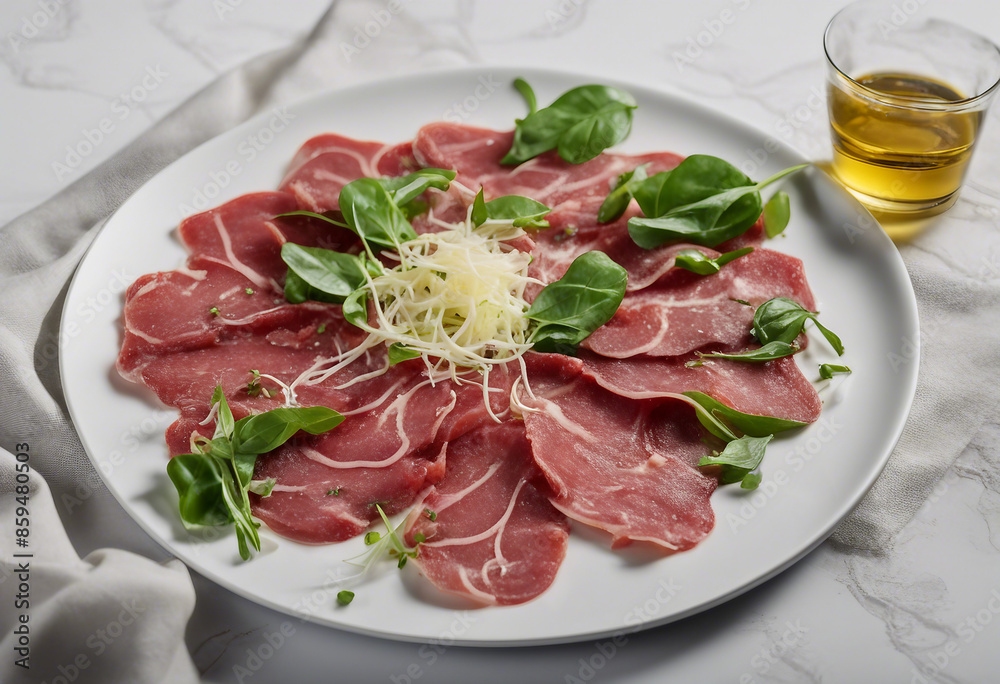 A meticulously arranged plate of carpaccio thinly sliced raw beef garnished with arugula Parmesan an A meticulously arranged plate of carpaccio thinly sliced raw beef garnished with arugula Parmesan an