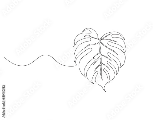 Continuous one line drawing of monstera leaf. One line drawing illustration of monstera. Tropical leaves concept line art. Editable outline.