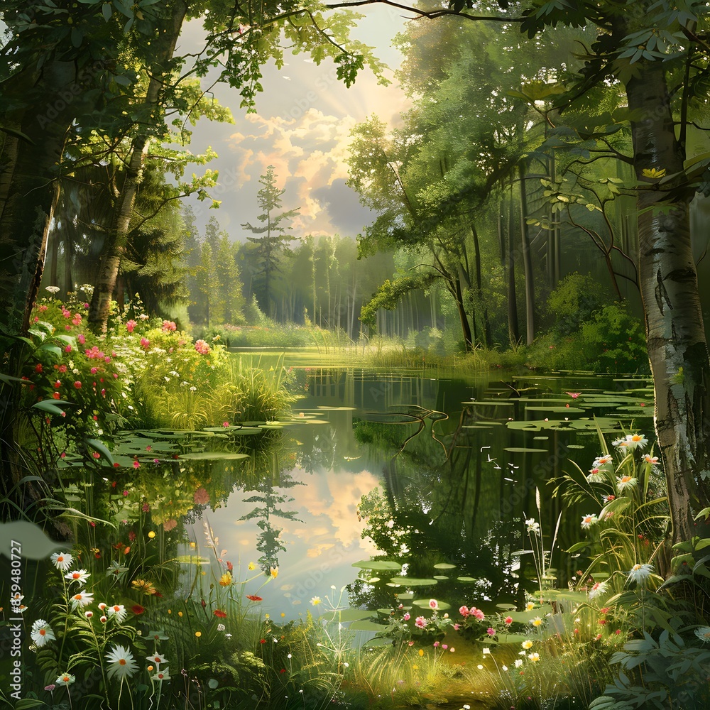 Fototapeta premium Serene Forest Lake: Tranquil Oasis of Nature Beauty