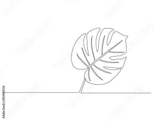 Continuous one line drawing of monstera leaf. One line drawing illustration of monstera. Tropical leaves concept line art. Editable outline.