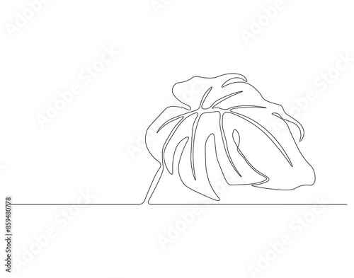 Continuous one line drawing of monstera leaf. One line drawing illustration of monstera. Tropical leaves concept line art. Editable outline.
