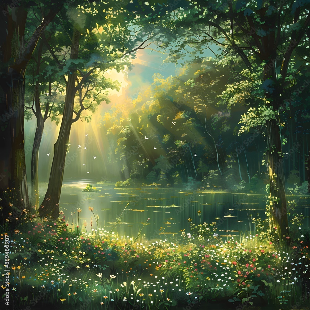 Fototapeta premium Tranquil Forest Lake: Serene Nature Scene with Lush Greenery and Wildflowers Bathed in Soft Sunlight