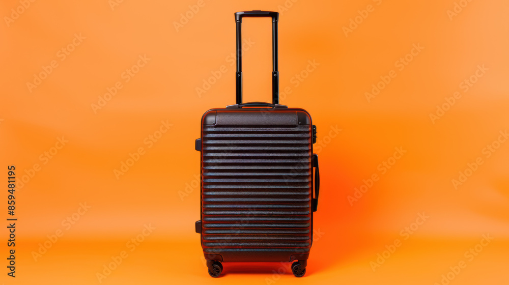 Fototapeta premium A black suitcase with a silver handle sits on a bright orange background
