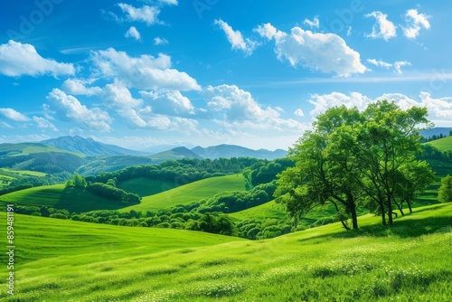A mountain landscape with rolling hills vibrant green meadows and a clear blue sky capturing the majesty and beauty of nature