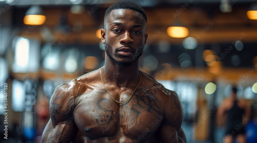 A muscular man with tattoos demonstrating his physique in a gym, embodying strength, determination, and the focused dedication required to achieve fitness goals. A muscular man with tattoos demonstrating his physique in a gym, embodying strength, determination, and the focused dedication required to achieve fitness goals.