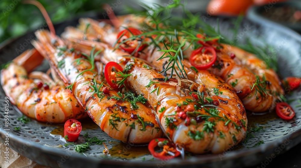 Close-up of spicy grilled shrimp garnished with fresh herbs and chili slices on a plate, showcasing appetizing garnished seafood emphasizing culinary arts and flavor intensity. Close-up of spicy grilled shrimp garnished with fresh herbs and chili slices on a plate, showcasing appetizing garnished seafood emphasizing culinary arts and flavor intensity.