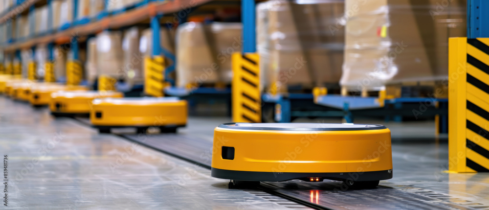 Fototapeta premium A warehouse with robots moving boxes