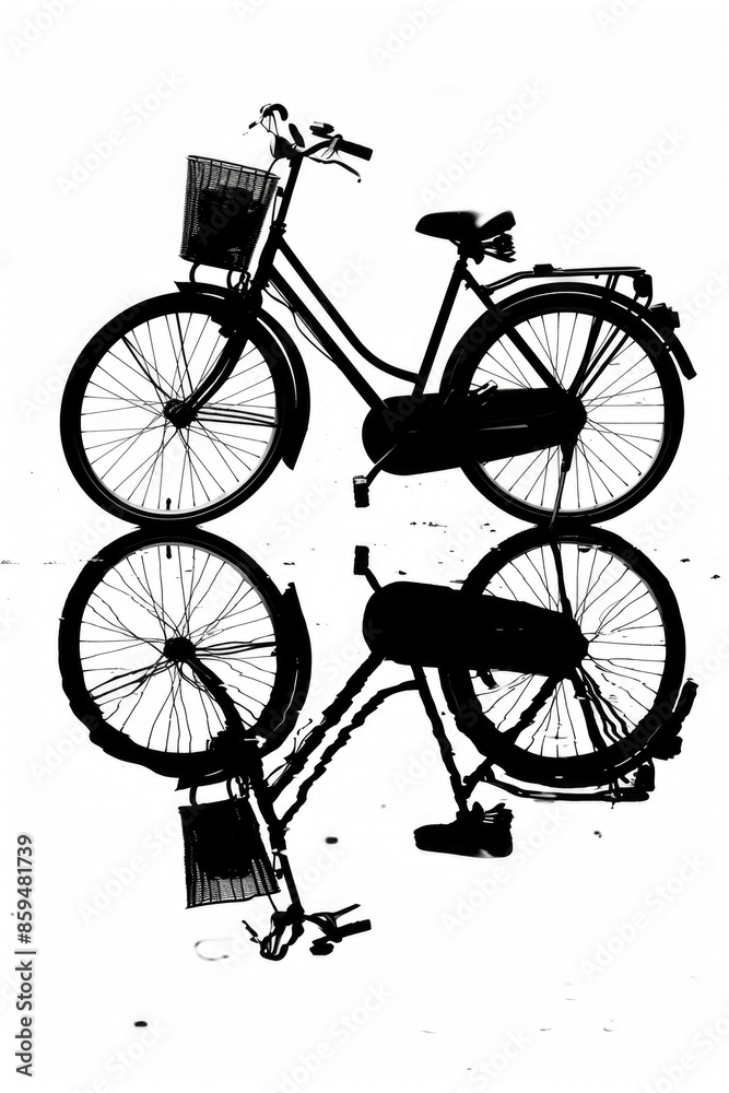 Obraz premium Silhouette of a Bicycle with Reflection on Water Creating a Symmetrical Artistic Effect in Black and White