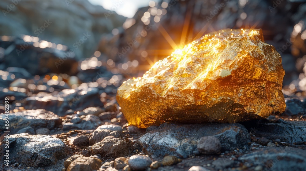 A shiny golden rock gleaming in the sunlight sits on a rocky ground, its surface sparkling as the light hits it, evoking a sense of wonder and discovery. A shiny golden rock gleaming in the sunlight sits on a rocky ground, its surface sparkling as the light hits it, evoking a sense of wonder and discovery.