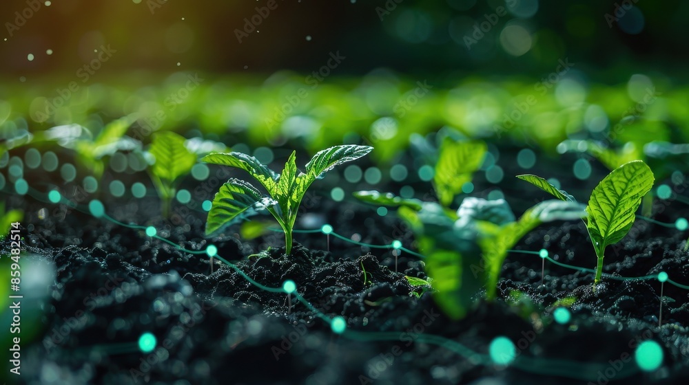 Close-up of young seedlings growing in soil, illuminated by sparkling sunlight, representing growth, agriculture, and sustainability. Close-up of young seedlings growing in soil, illuminated by sparkling sunlight, representing growth, agriculture, and sustainability.