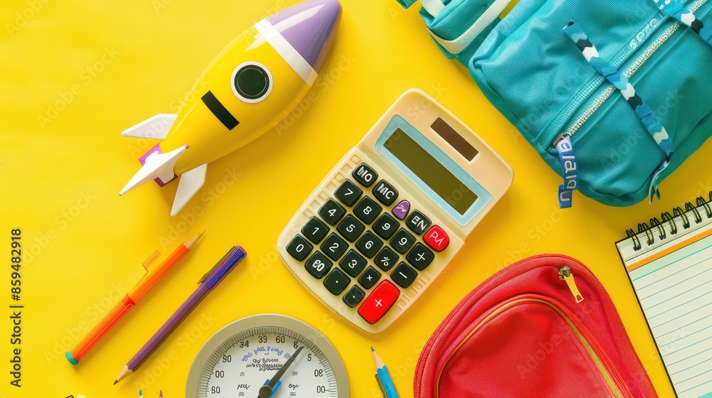 Back to school concept. Flat lay, top view colorful school supplies, rocket-shaped pencil case, calculator, notepad on yellow background Back to school concept. Flat lay, top view colorful school supplies, rocket-shaped pencil case, calculator, notepad on yellow background