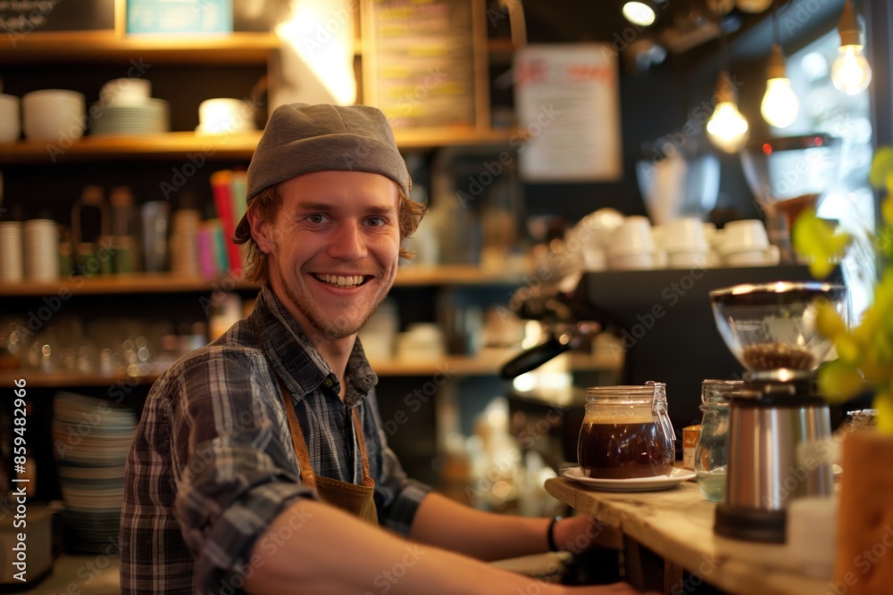 Happy professional barista smiling while preparing coffee at the counter in a trendy cafe. Happy professional barista smiling while preparing coffee at the counter in a trendy cafe.