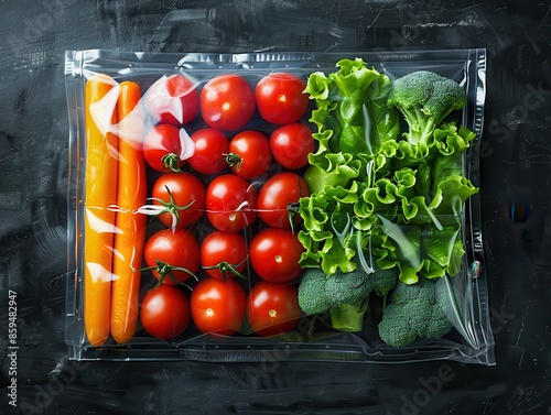 Fresh vegetables like carrots, cherry tomatoes, lettuce, and broccoli in a clear vacuum-sealed bag on a dark background.