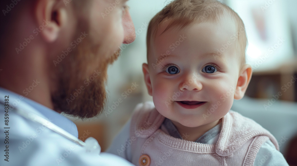 smiling padiatrician examining a baby in th hospital . A smiling doctor having medical checkup with newborn in clinic . smiling padiatrician examining a baby in th hospital . A smiling doctor having medical checkup with newborn in clinic .