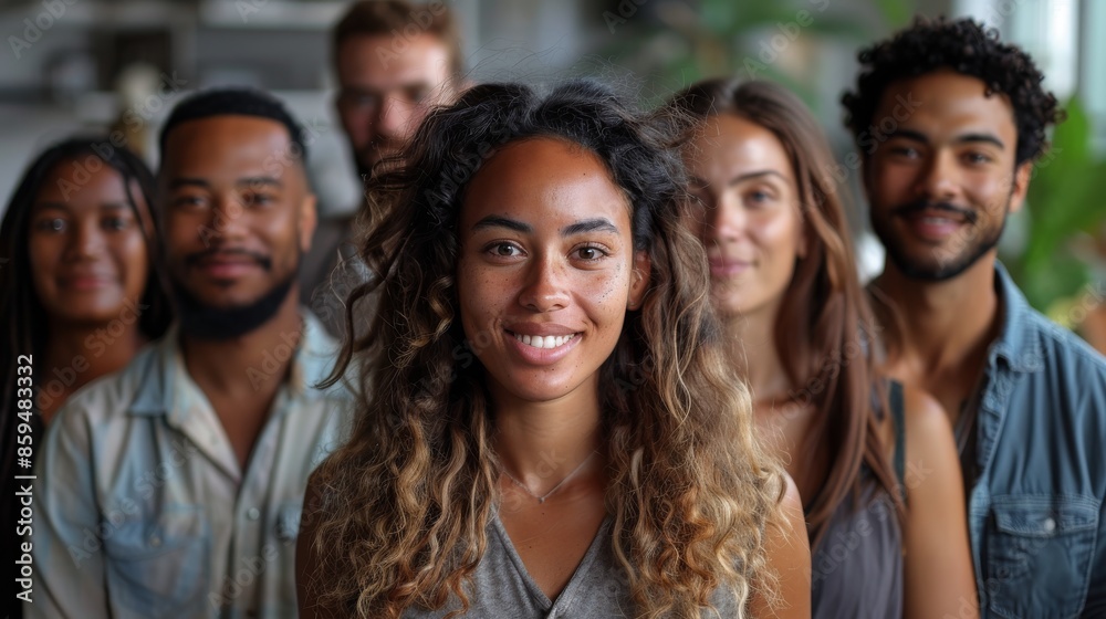 Obraz premium A young woman with curly hair stands in front of a diverse group of people, all smiling and looking at the camera. The setting appears to be indoors with plants in the background.