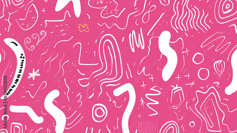 Fun pink line doodle seamless pattern. Creative abstract squiggle style drawing background for children or trendy design with basic shapes. Fun pink line doodle seamless pattern. Creative abstract squiggle style drawing background for children or trendy design with basic shapes.