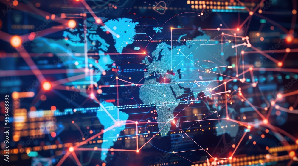 digital illustration of a world map interconnected with digital lines and nodes, symbolizing global business networks digital illustration of a world map interconnected with digital lines and nodes, symbolizing global business networks