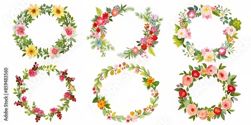 Set of Six Watercolor Floral Wreaths for Elegant Designs