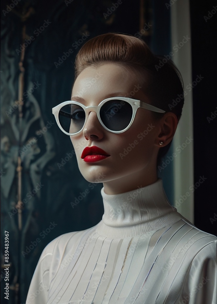 professional spy woman in a white dress with large sunglasses is captured in a high-quality photo