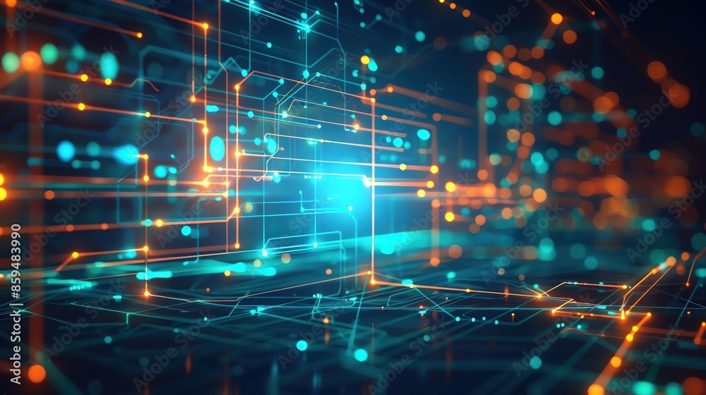 Abstract technology diagram with glowing lines and nodes, dark blue background, vibrant orange and teal, high detail, modern feel Abstract technology diagram with glowing lines and nodes, dark blue background, vibrant orange and teal, high detail, modern feel