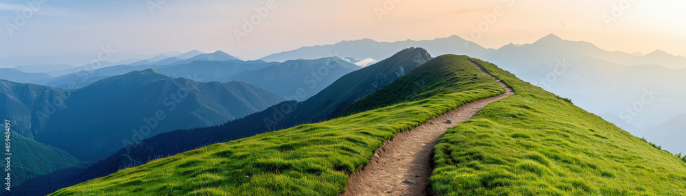 Naklejka premium A mountain trail winds its way up a hillside