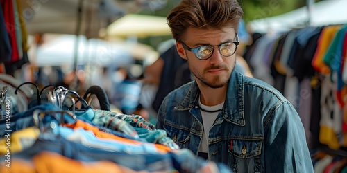 A young man wearing glasses browsing clothes at an outdoor market stall. Concept Lifestyle, Fashion, Young Man, Outdoor Market, Glasses photo